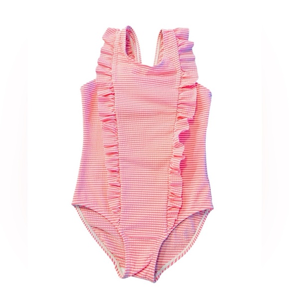 Lizens Girls Pink Ruffled One Piece Swimsuit with Stripes Size 6-7 - Picture 1 of 8